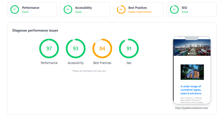 PageSpeed Insights showing improved performance score after optimisation